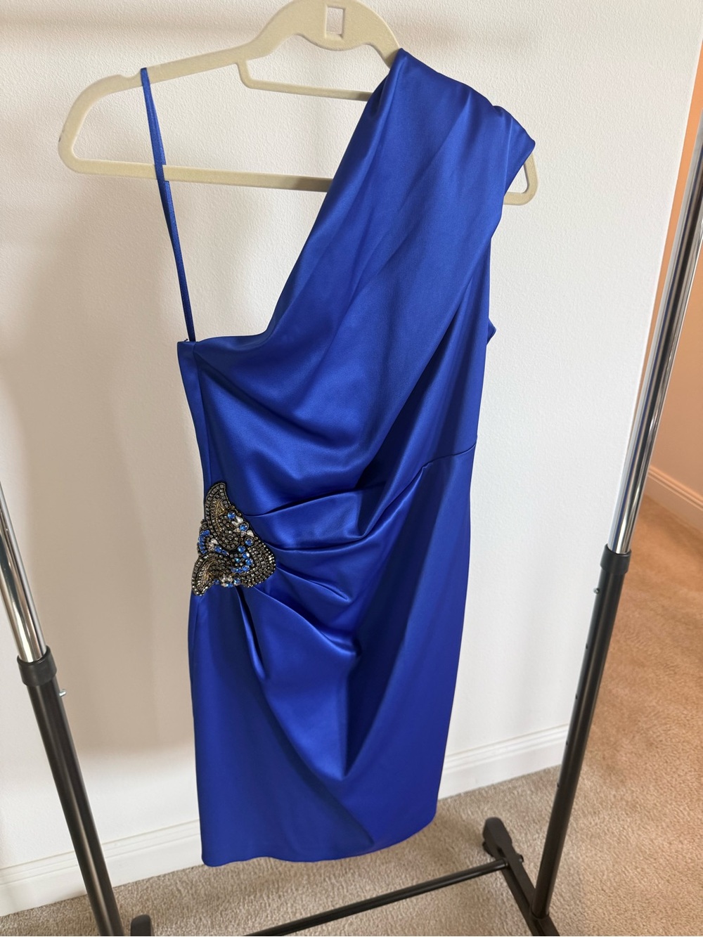 Eliza J One-Shoulder Cobalt Blue Cocktail Dress with Beaded Accent